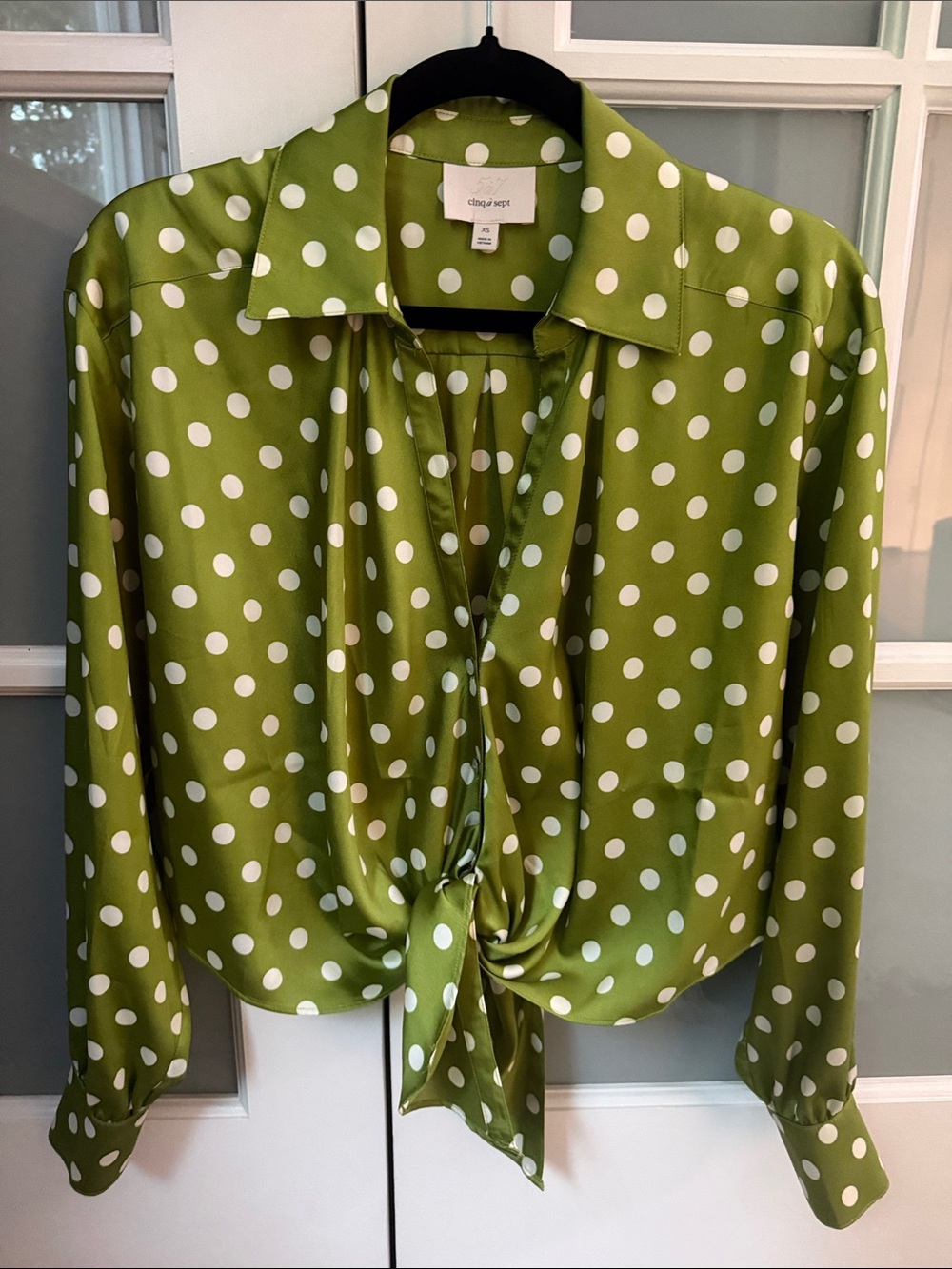 cinq a sept Olive Green and White Polka Dot Tie-Front Blouse